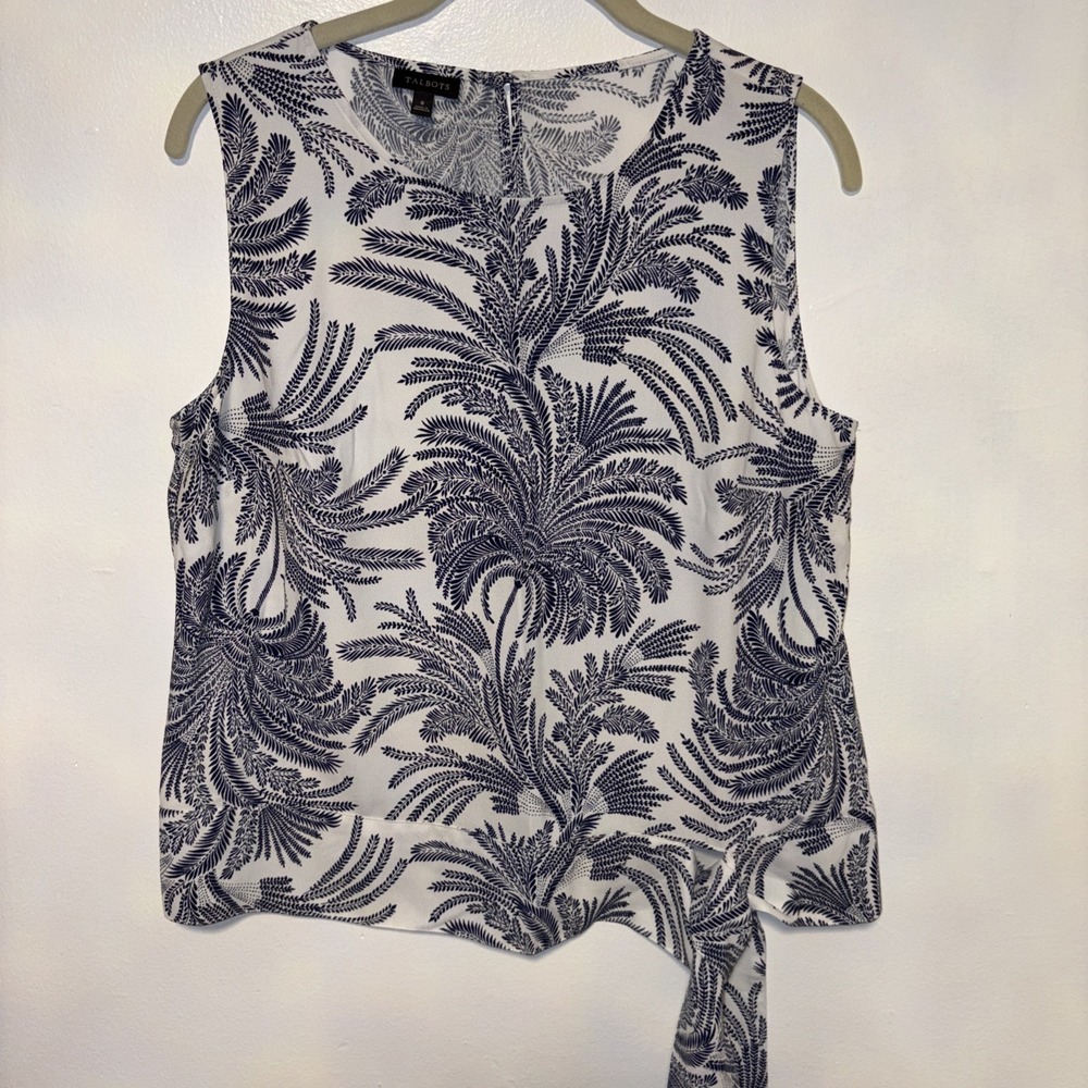 Talbots Shirt Womens 8 White‎ Blue Blouse Tied Hem Sleeveless Round Neck Ladies